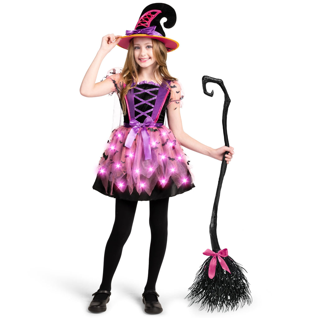 Joyfy Kids Witch Costume, Girls Light Up Witch Costume with Hat and Broom Outfits Set for Toddler Halloween Dress up Cosplay