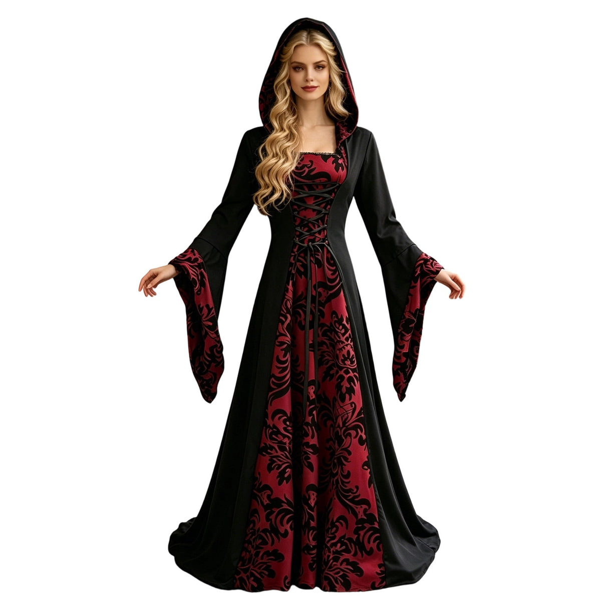 ZGRBOU Womens Vampire Witch Dress Halloween Cosplay Costumes Masquerade Hooded Gown Dress Medieval Gothic Dress Plus Size