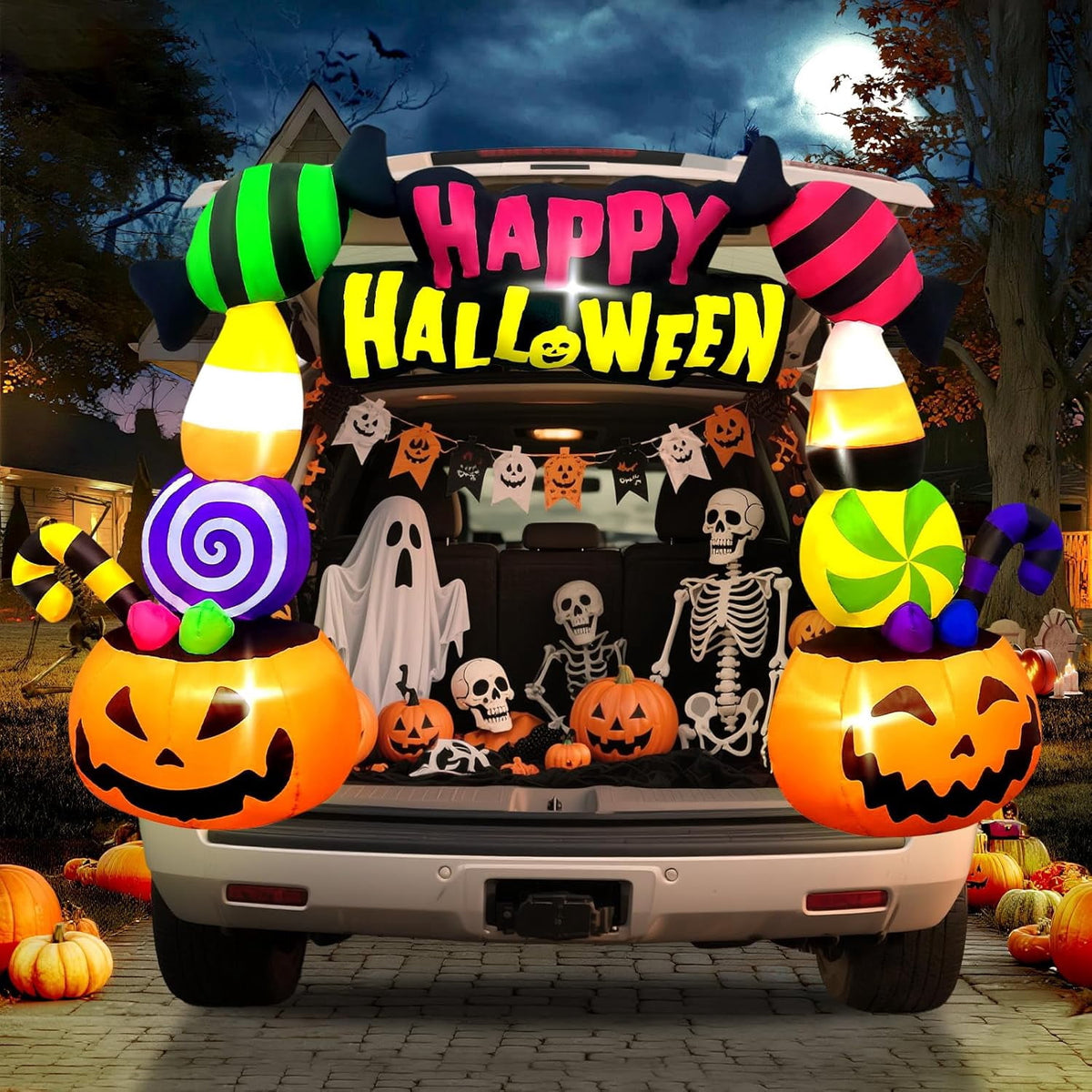 Kalolary 6FT Height Halloween Inflatables Trunk or Treat Car Decorations, Candy Pumpkin Arch Blow up Decorations with Built-in LED Lights Up for Halloween Party Lawn Yard SUV Car Luggage Decor