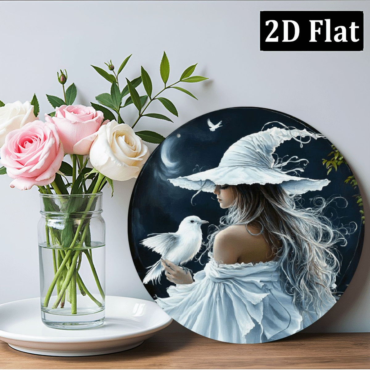 2D Enchanting White Witch &amp; Cat Round Sign - 8*8 Inch _ Durable, Fade-Resistant Wall Art for Home, Office, Cafe _ Mystical Forest &amp; Starry Sky Design _ Ideal Halloween &amp; Thanksgiving Gift