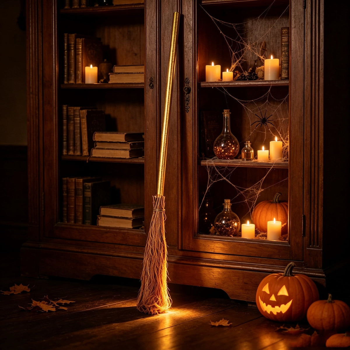 Halloween Witch Broom Cane with Ribbons, 38.2" Witches Broomstick for Wizard Costume Party, Photo Booth Accessory Stage Prop, Halloween Decoration, D