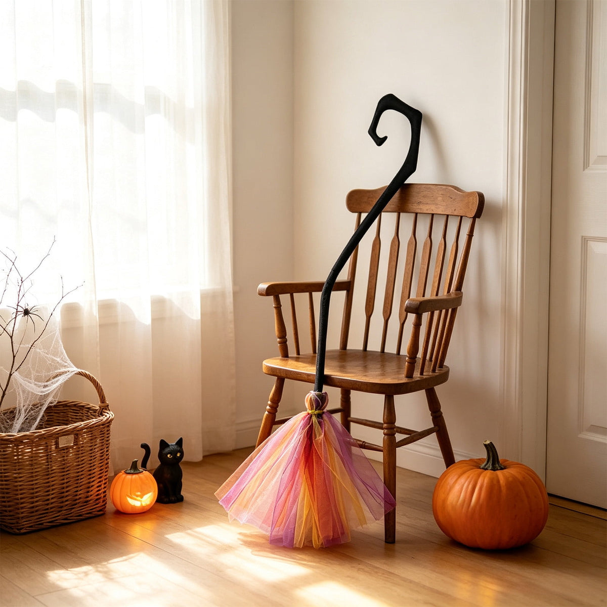 Halloween Witch Broom Cane with Ribbons, 38.2" Witches Broomstick for Wizard Costume Party, Photo Booth Accessory Stage Prop, Halloween Decoration, D