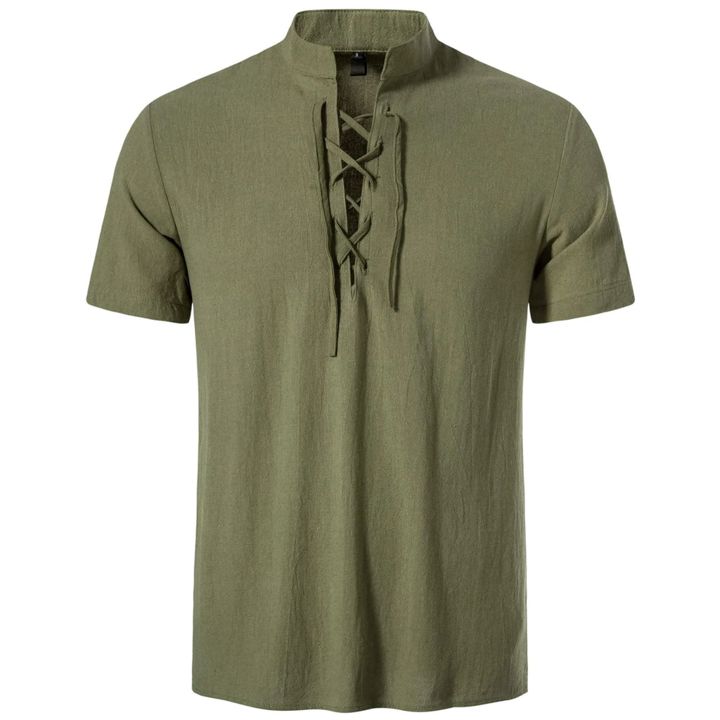 HAOMEILI Men's Short Sleeve Shirts Retro Style Lace up for Medieval,Viking,Hippie Halloween Cosplay Pirate Renaissance Costume