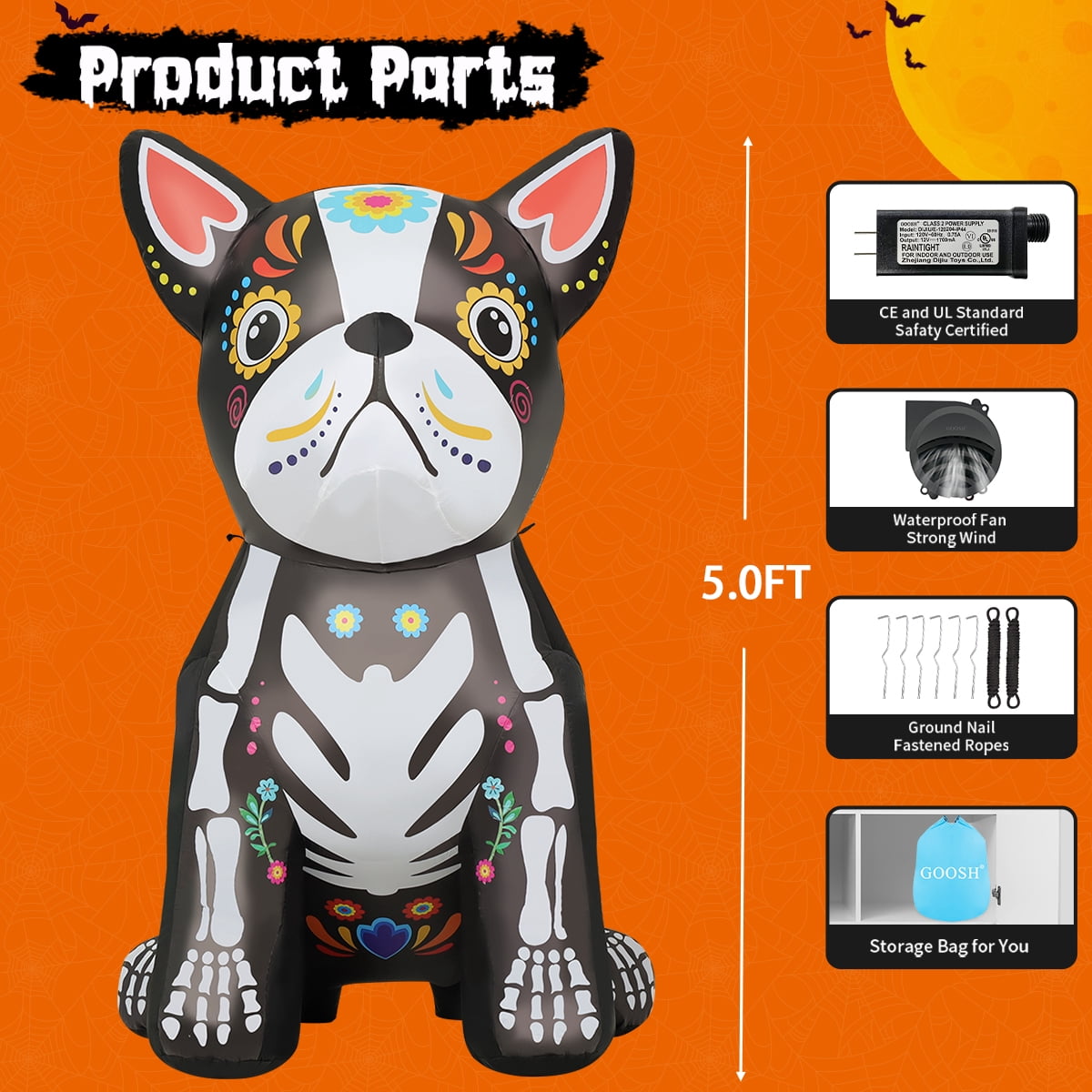 GOOSH Halloween Inflatables 5 FT Halloween Dog Inflatable with LED Lights, Halloween Blow up Dog Inflatable Skeleton Bulldog, Outdoor Halloween Decorations Skeleton Dog Blow up for Halloween Holiday