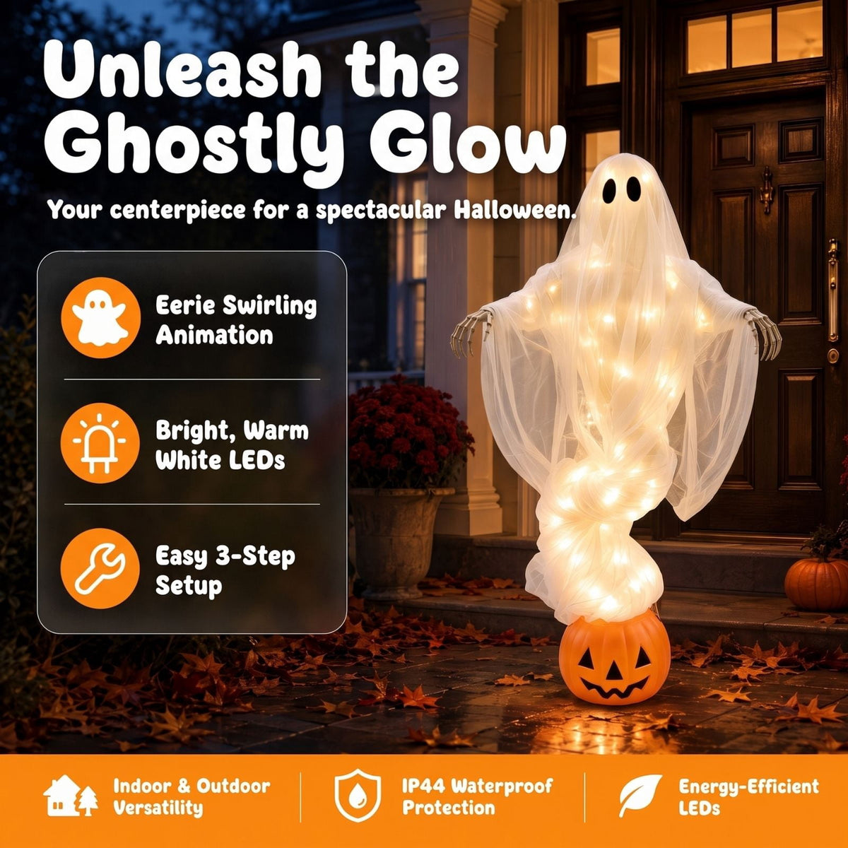 Swirling Ghost Pumpkin Yard Lamp, Lighted Spooky Ghost Statue, Warm LED Halloween Decorations Outdoor, Fall Autumn Garden Lawn Porch Pathway Ornament for Halloween Party Decoration
