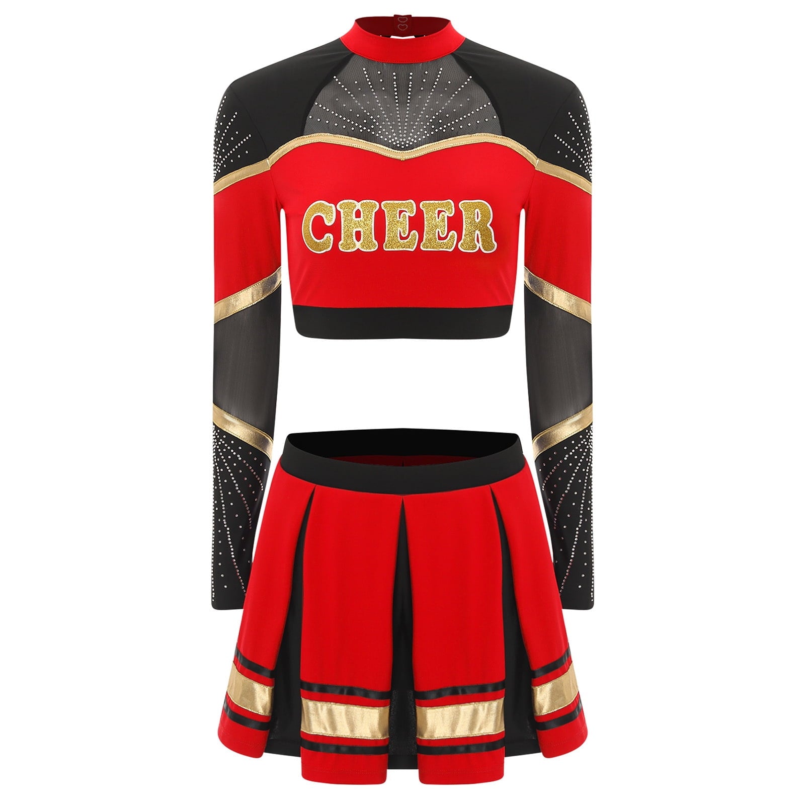 TiaoBug Women Cheer Leader Uniform Dance Cheerleading Costume Long Sleeve Crop Top with Mini Skirt White S