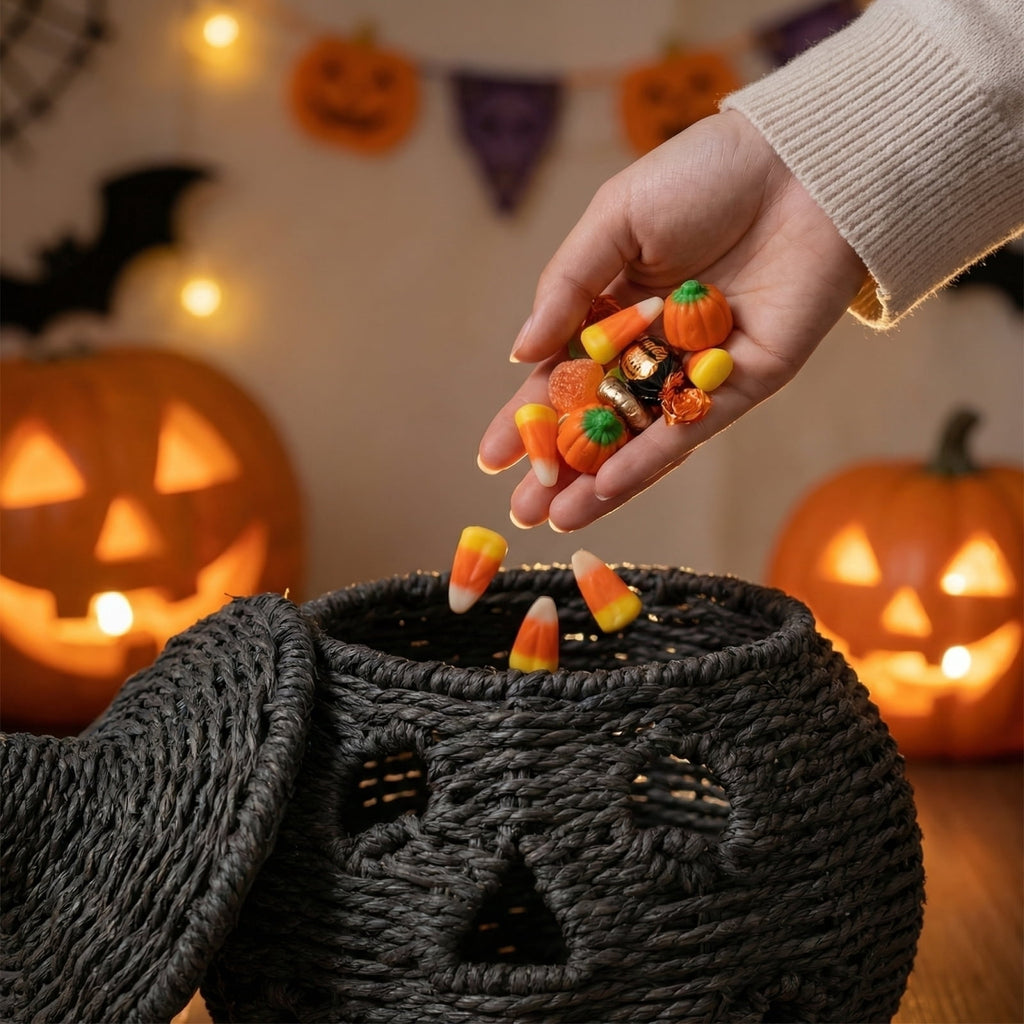 2026 Halloween Black Woven Seagrass Pumpkin Storage Basket with Lid, Fall Indoor Home Decorations for Halloween Party Home Halloween Decor, 10.2 inch