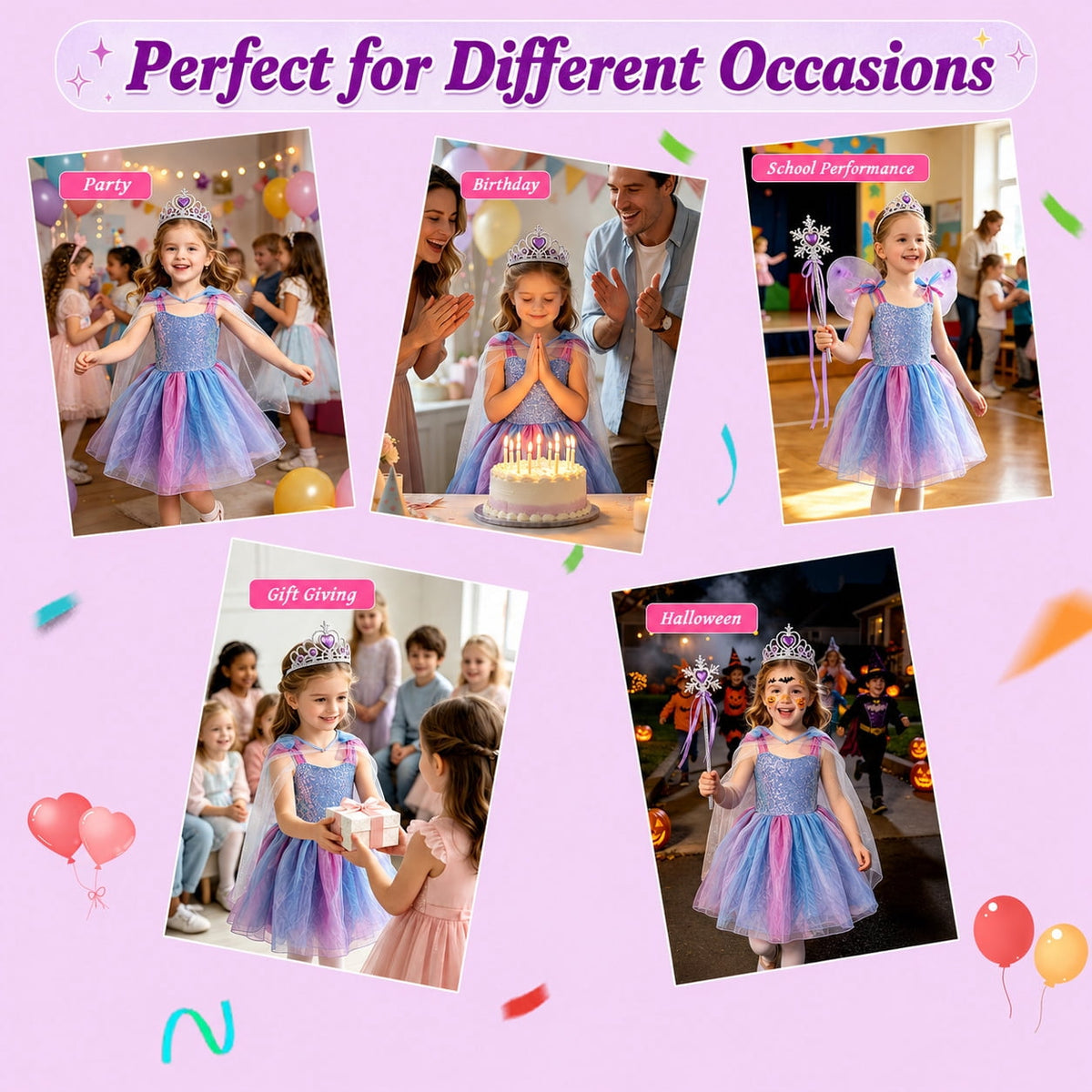 WonderStone Princess Dress for Girls, Light-Up Fairy Costume Dress-Up with Luxury Accessories, Purple Tutu Outfit for Birthday Parties, Kids & Toddlers Ages 5-6