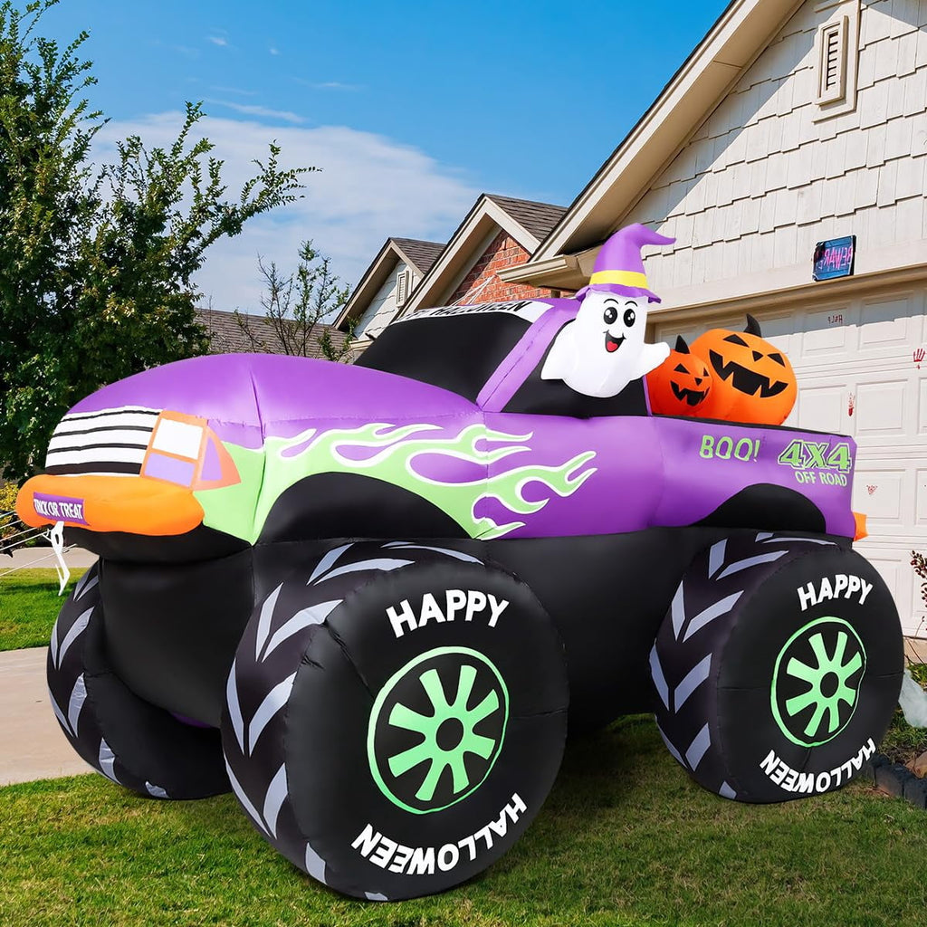 GOOSH Halloween Inflatables 8 FT Inflatable Monster Truck with Built-in LEDs, Halloween Inflatable Truck with Blow Up Ghost Pumpkin, Outdoor Halloween Decorations for Holiday Party Indoor Outdoor