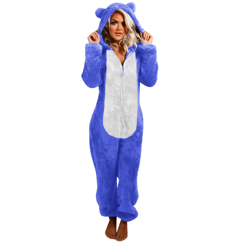 QATAINLAV Sherpa Fleece Jumpsuit for Women Winter Warm Fuzzy Onesie Pajamas Cute Cat Hooded Romper Casual Zip Up Overalls Sleepwear Black XL