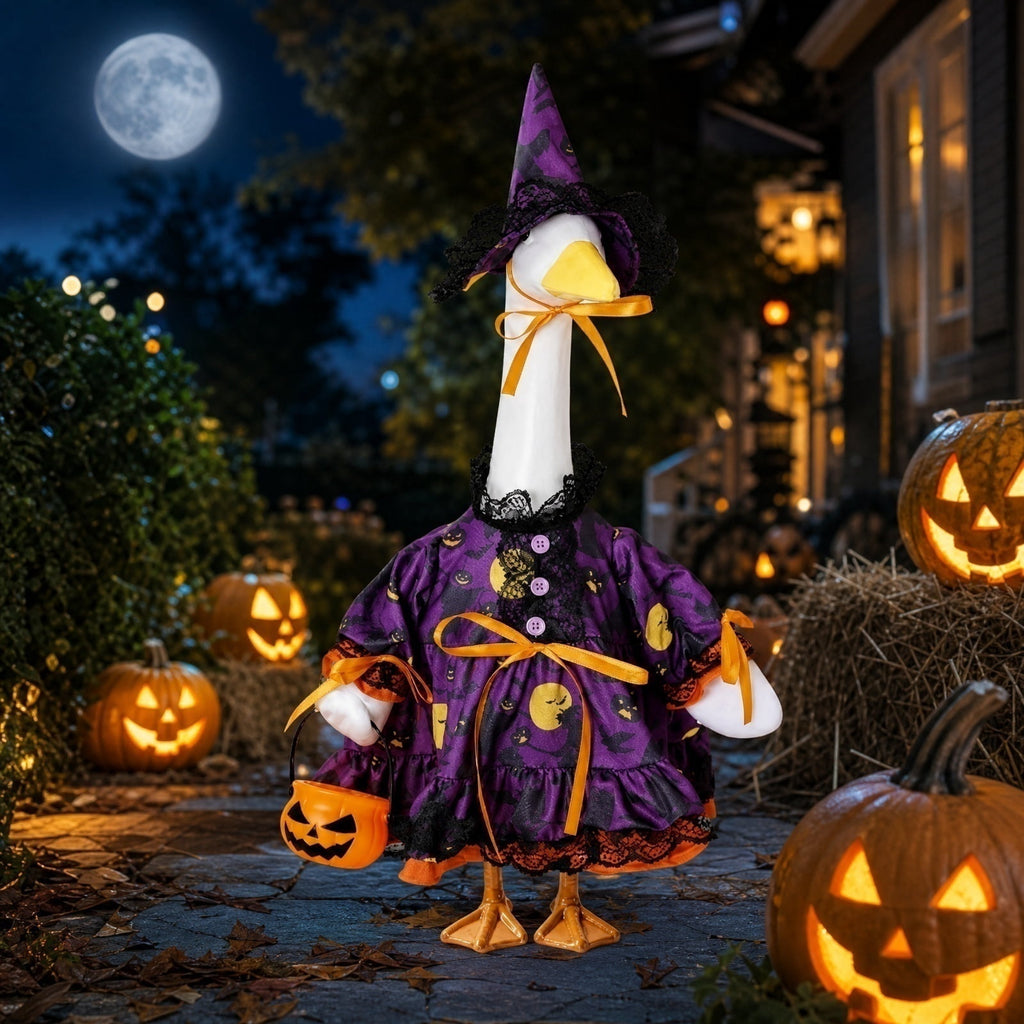 Outdoor Holiday Yard Decor, 23 Inch Porch Goose Outfits, Halloween Pumpkin Themed Porch Goose Clothes, Porch Goose Set with Hat and Treat Bag, Fits Standard 23 Inch Large Porch