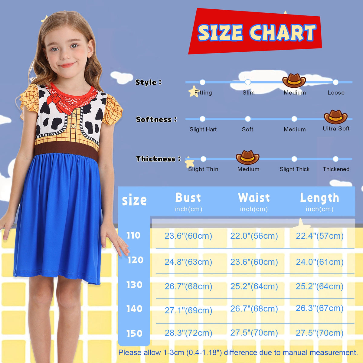 Benylion Cowgirl Costume for Girl Summer Dress Western Dress Up Outfit for Kids Halloween Cosplay Party Dresses Ruffle Sleeve for 5-6 Years