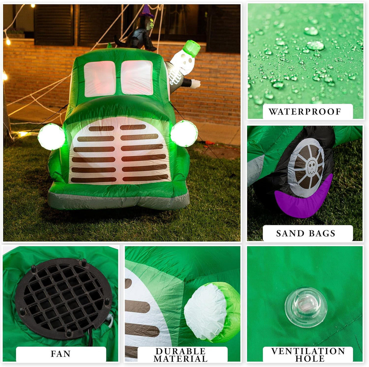 Zone Tech 7.5Ft Long Inflatable Ghost Car LED Lights Decor Halloween Outdoor Indoor Holiday Decorations, Giant Lawn Inflatable Garden Party Decoration and Halloween Blow up Green Car Yard Decor