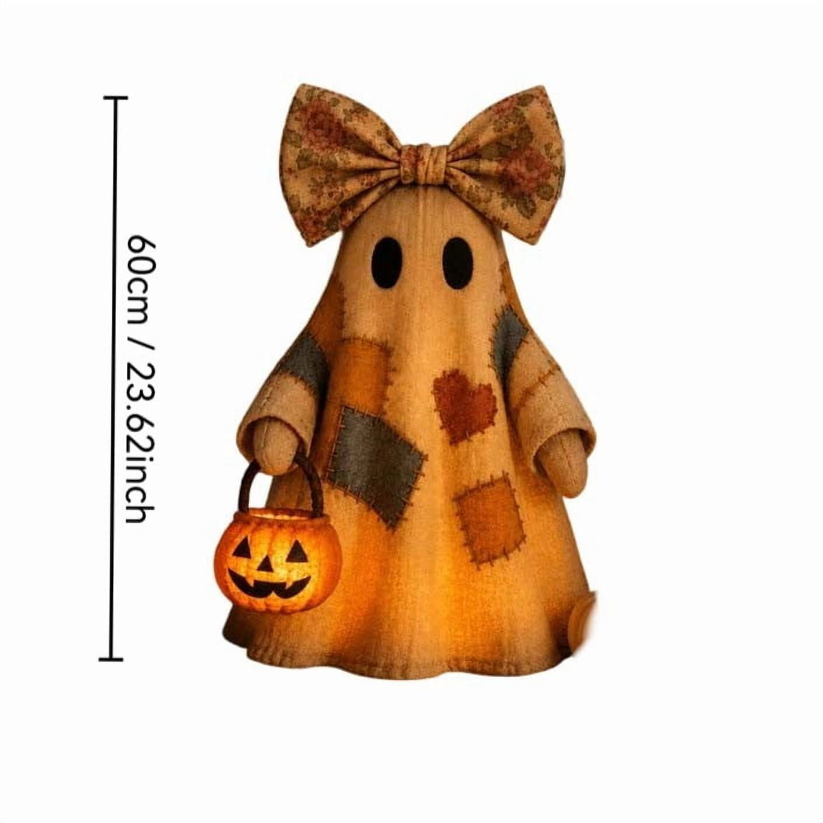 Lighted Vintage Patchwork Ghost, Rustic Farmhouse Halloween LED Light Up Ghost with Pumpkin Lantern, Spooky Cute Fall Decor for Mantel, Shelf, Tiered Tray, Entryway Porch Tabletop