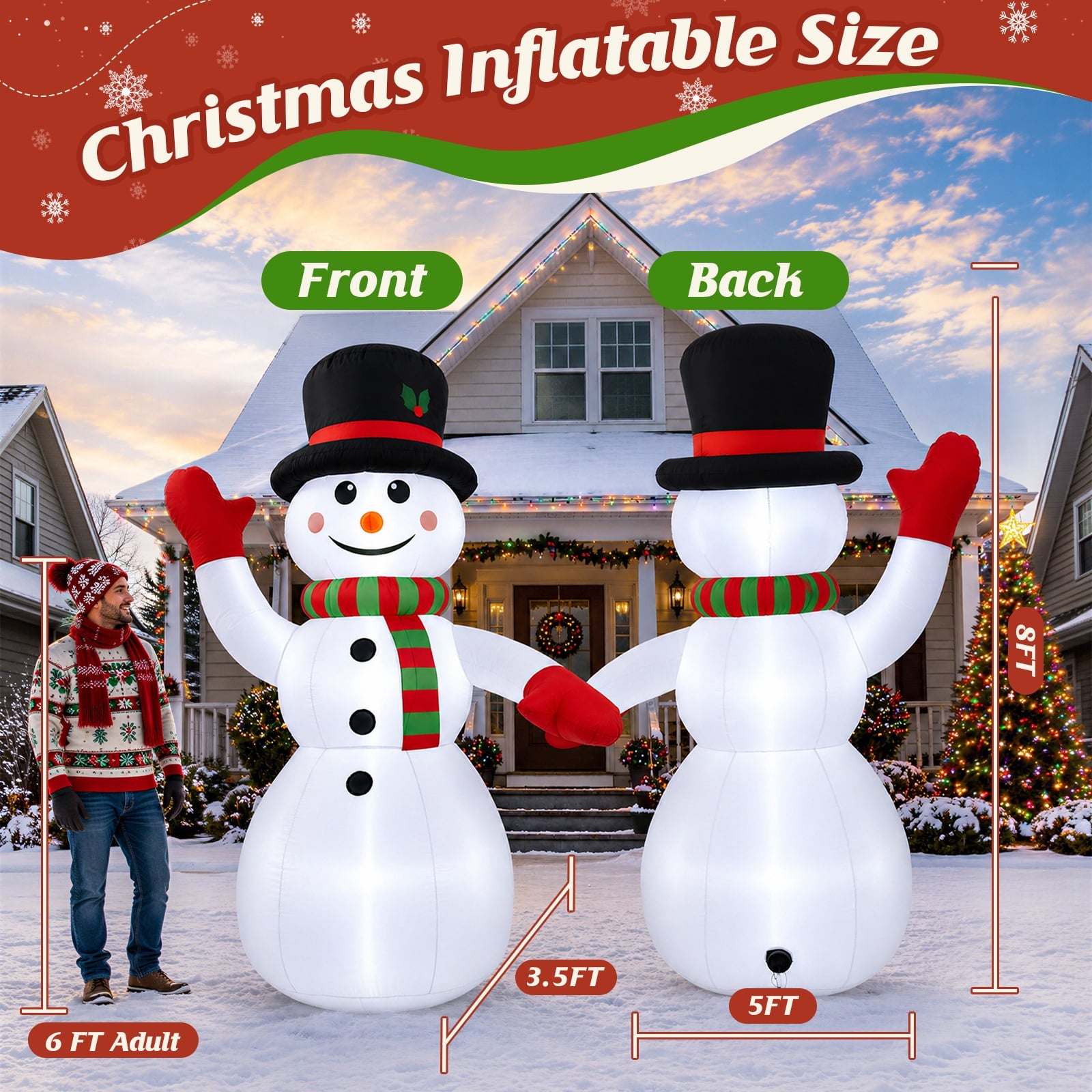 8ft Snowman Christmas Inflatables, Blow up with LED Lights Built-in for Holiday/Party/Yard/Garden Decoration