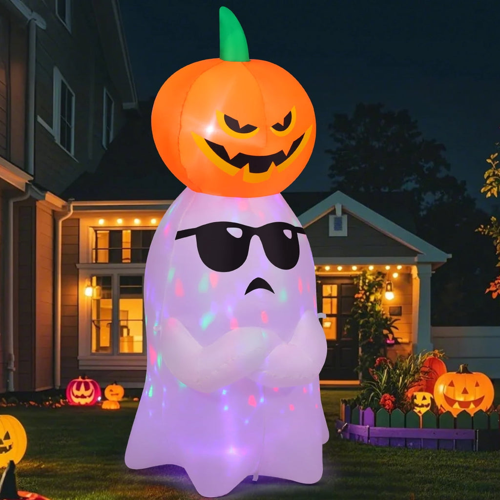 GOOSH Halloween Inflatables 6 FT Inflatable Ghost with Pumpkin, Cute Halloween Ghost Inflatable Halloween Decoration with LED Lights, Outdoor Halloween Decorations Blow up Ghost for Holiday Party