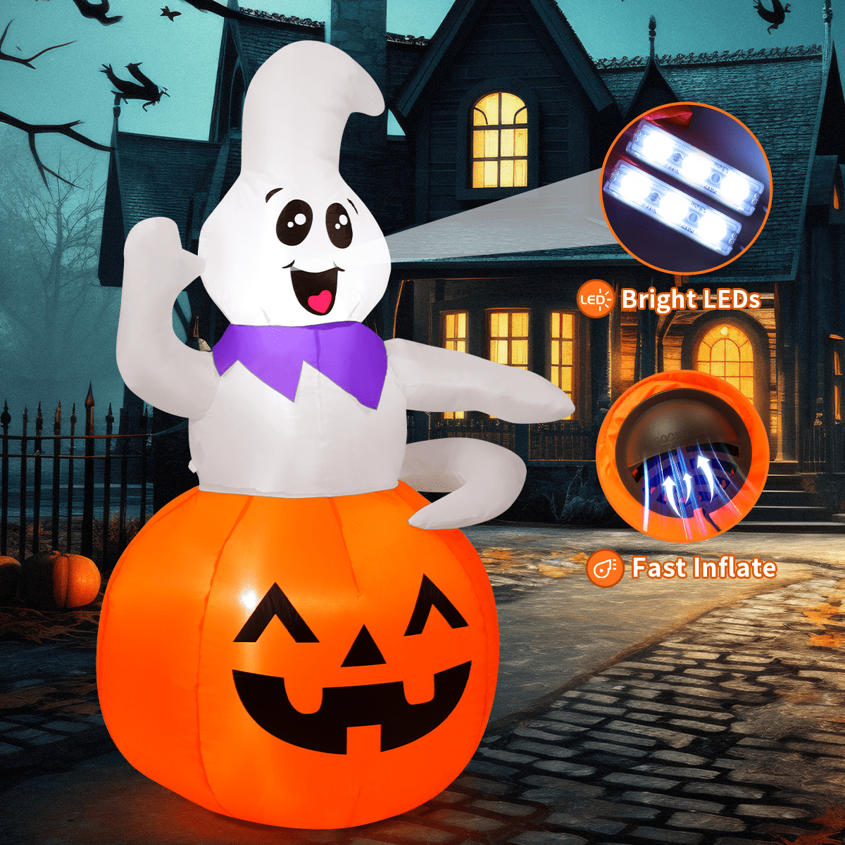 GOOSH Halloween Inflatable 5 FT Pumpkin Ghost Inflatable, Cute Ghost Pumpkin Inflatable Halloween Blow Up Decorations with LED Lights, Outdoor Halloween Decorations Clearance for Halloween/Holiday