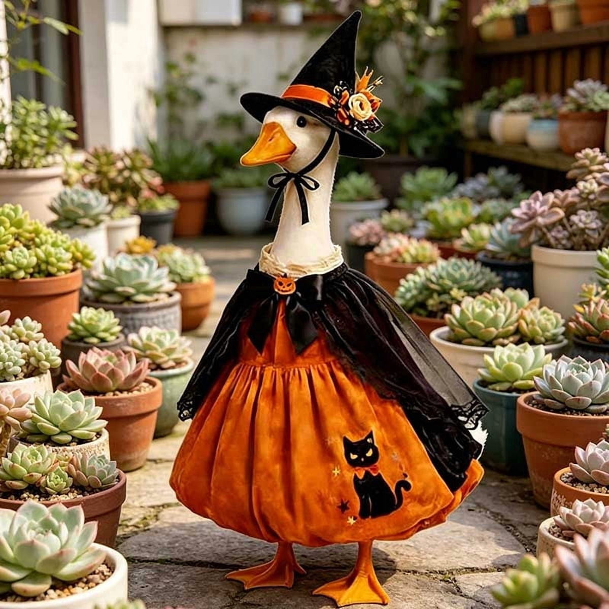 Thanksgiving Harvest Outfit for 23" Porch Goose, Goose Fall Theme Dress in White&Orange with Headwear Fall Harvest Decor for 23" Goose Outdoor Patio Yard Lawn Decoration