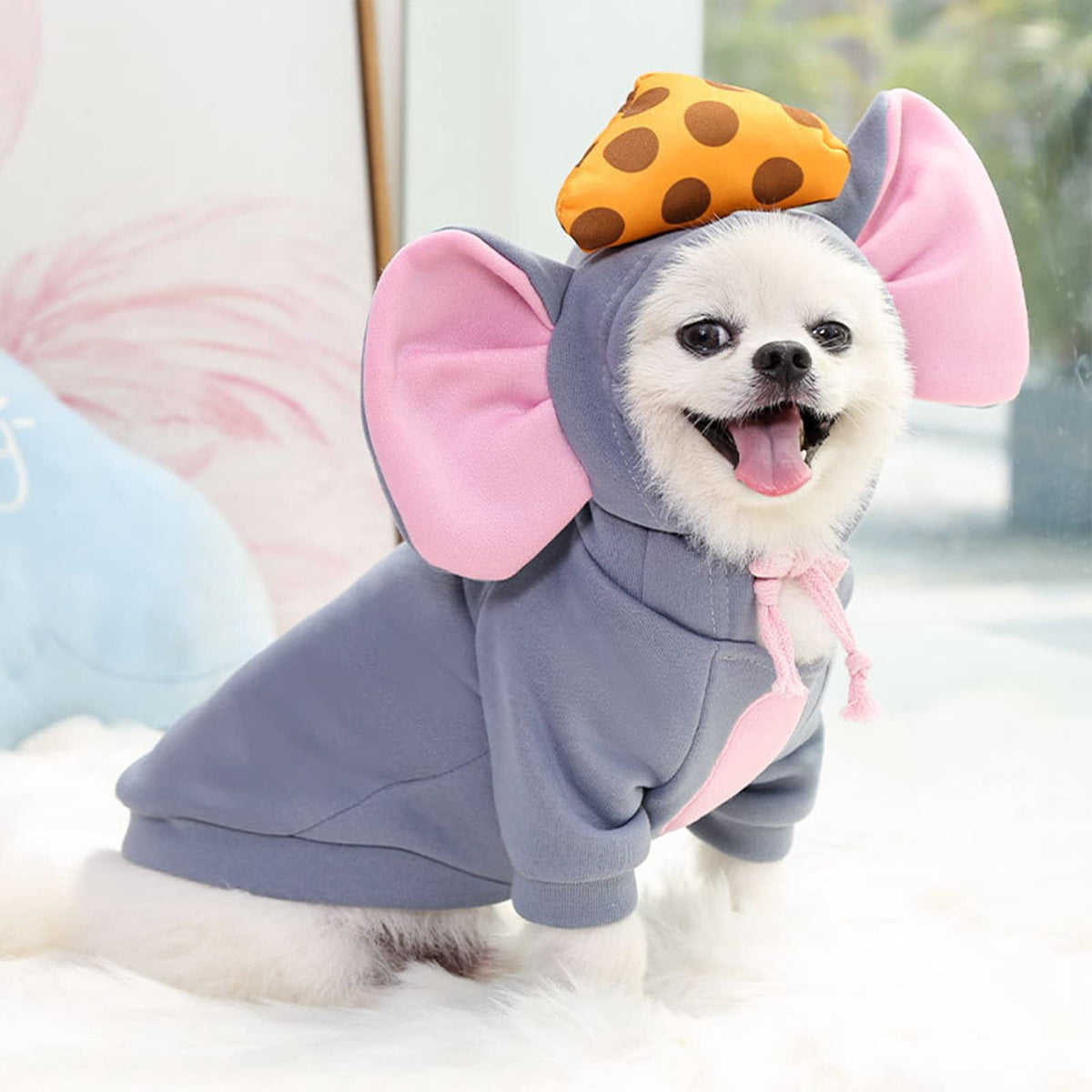 WILLED Winter Big Ear Mouse Dog Hoodies, Cute Cheese Warm Pet Halloween Costume, for Small to Medium Dogs, Puppy French Bulldog, Chihuahua, Gray, XXS