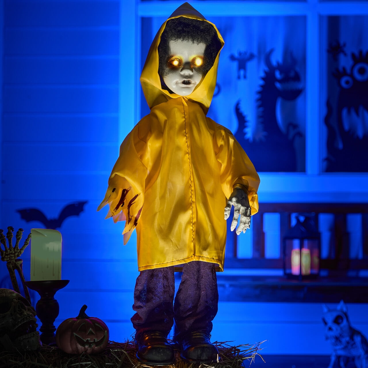 Joyfy 67" Standing Grim Reaper with Chain, Large Halloween Decorations Outdoor, Life Size Animatronics Skelton, Sound-Actived Party Decor with Creepy Sound & LED Eyes, Scary Haunted House Props