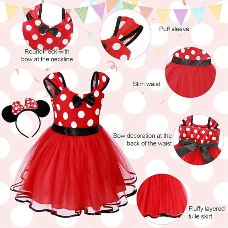 Jurebecia Girls Red Polka Dot Tutu Dress with Bow Headband, Baby Toddler Party Costume for Birthday & Cosplay (110 cm)