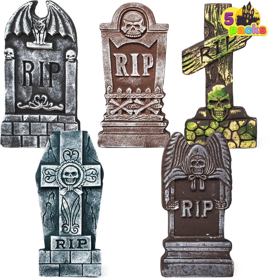 Joyfy 17" Halloween 5 Pack Tombstone Decorations, Foam RIP Graveyard Signs Cemetery Headstones Scary Outdoor Indoor Halloween Decor with 12 Metal Stakes for Easy Set Up, Waterproof for Garden Lawn