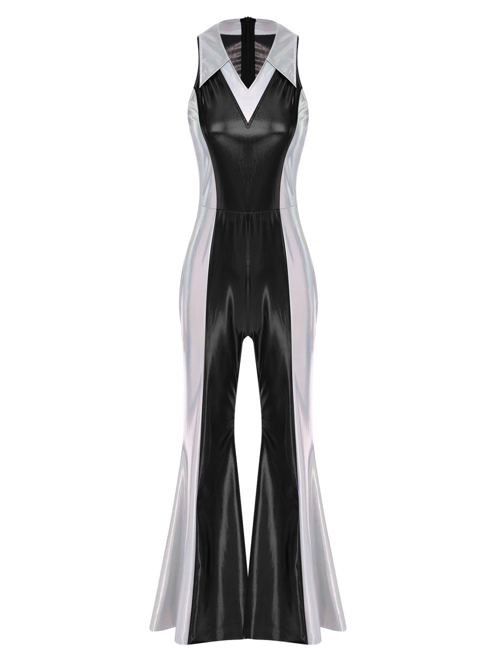YiZYiF Womens 70s 80s Disco Costume Shiny Metallic Flared Pants Jumpsuit for Dance Party Halloween Gold S