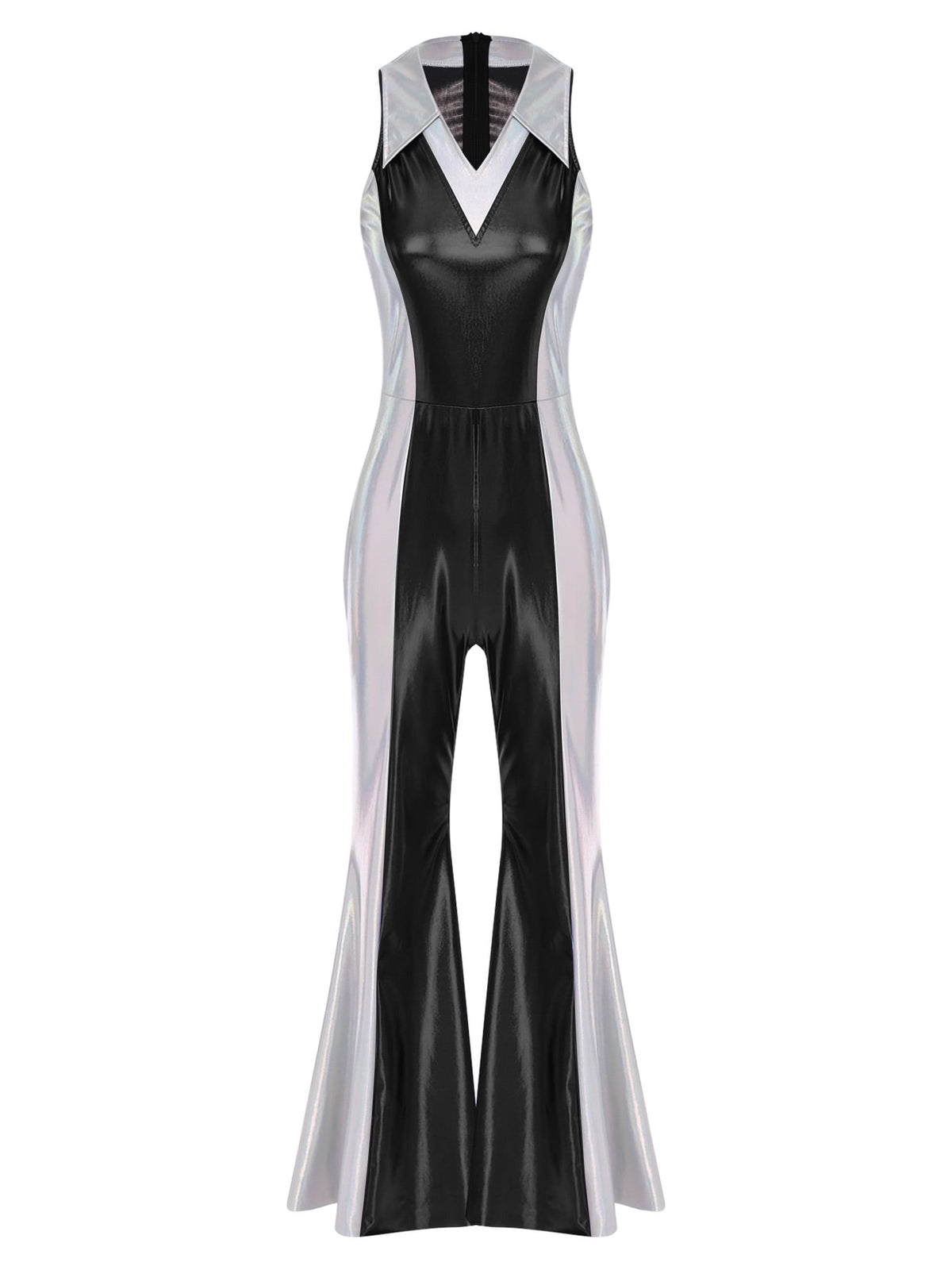 YiZYiF Womens 70s 80s Disco Costume Shiny Metallic Flared Pants Jumpsuit for Dance Party Halloween Gold S