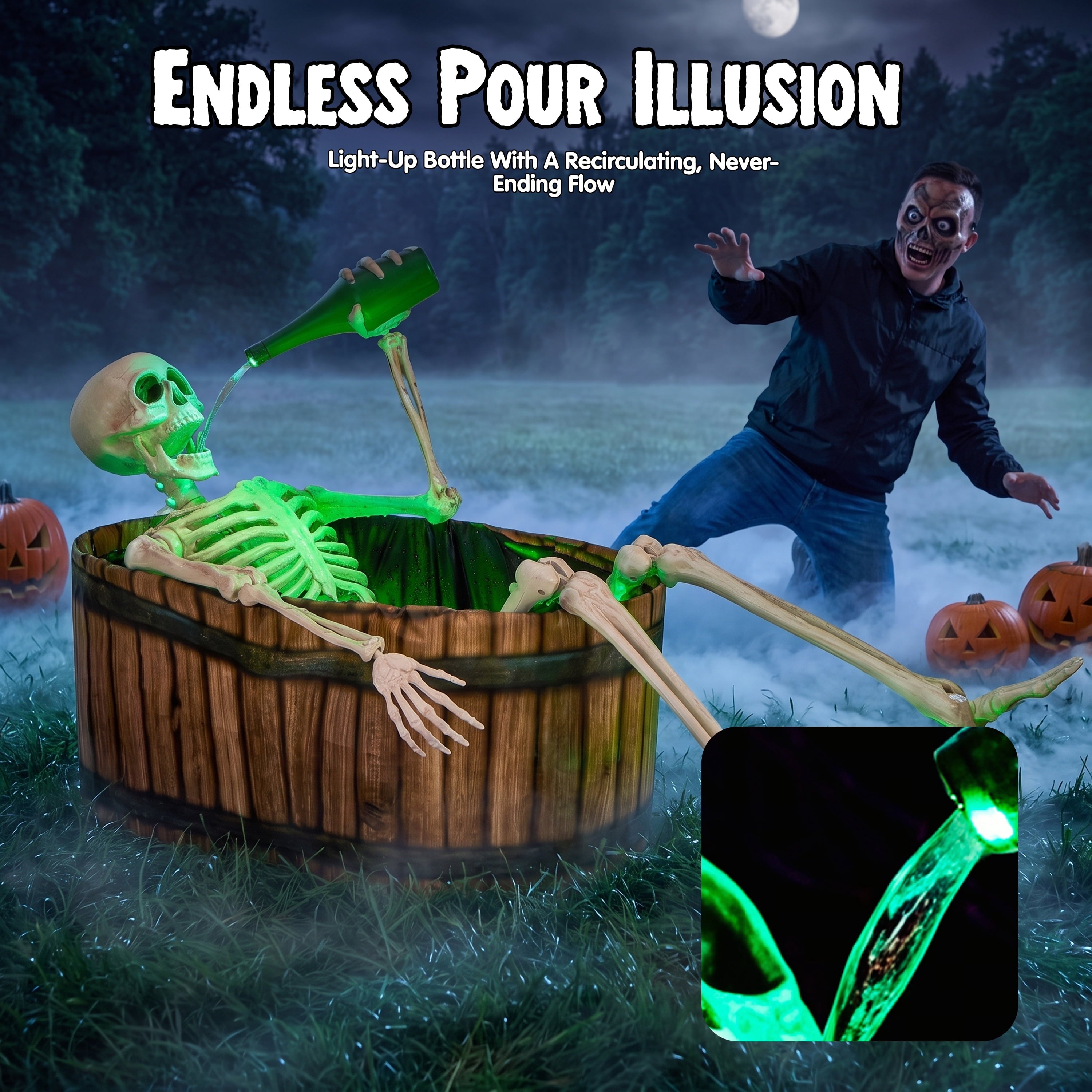 Joyfy 5ft Drinking Skeleton Halloween Animatronic Decorations, Outdoor Haunted Props with Endless Liquid Pouring Effect, Green LED Lights & Spooky Sounds, Life-Size Skeleton for Garden Yard Lawn