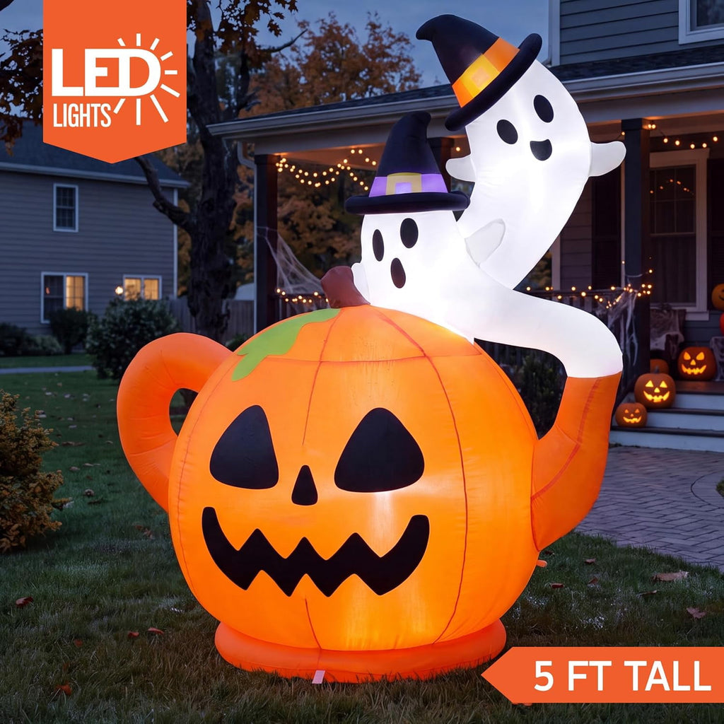 Joyfy 5ft Halloween Inflatables Light up Cute Ghost,Blow Up Ghost Lift Pumpkin Candy Bag with Build-in LEDs for Yard Decorations