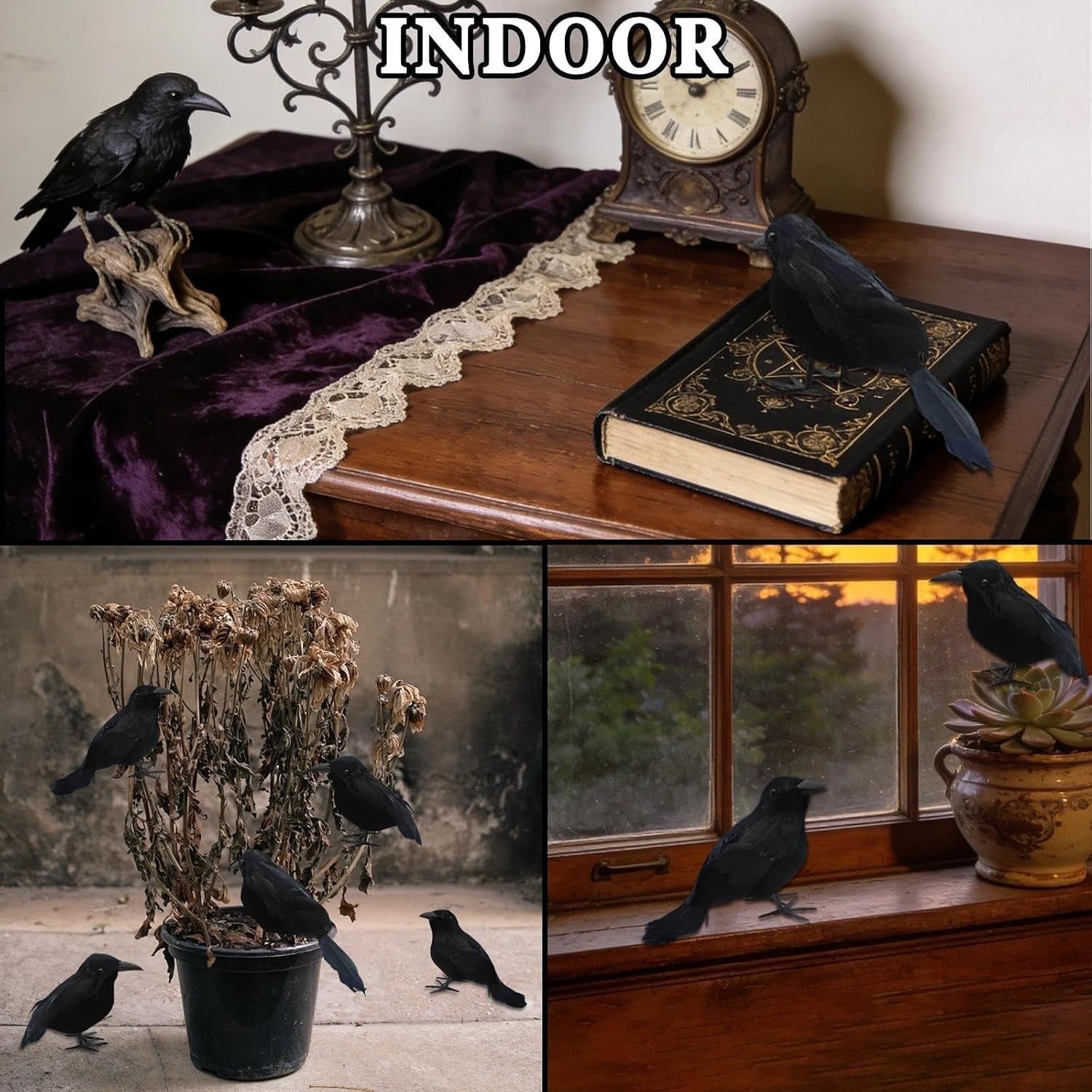 Yanxiao 6PCS Halloween Black Crows Decorations, Realistic Foam Halloween Handmade Black Feathered Crows with Fixable Legs, Halloween Gothic Ornaments for Table Centerpieces, Party, Indoor & Outdoor