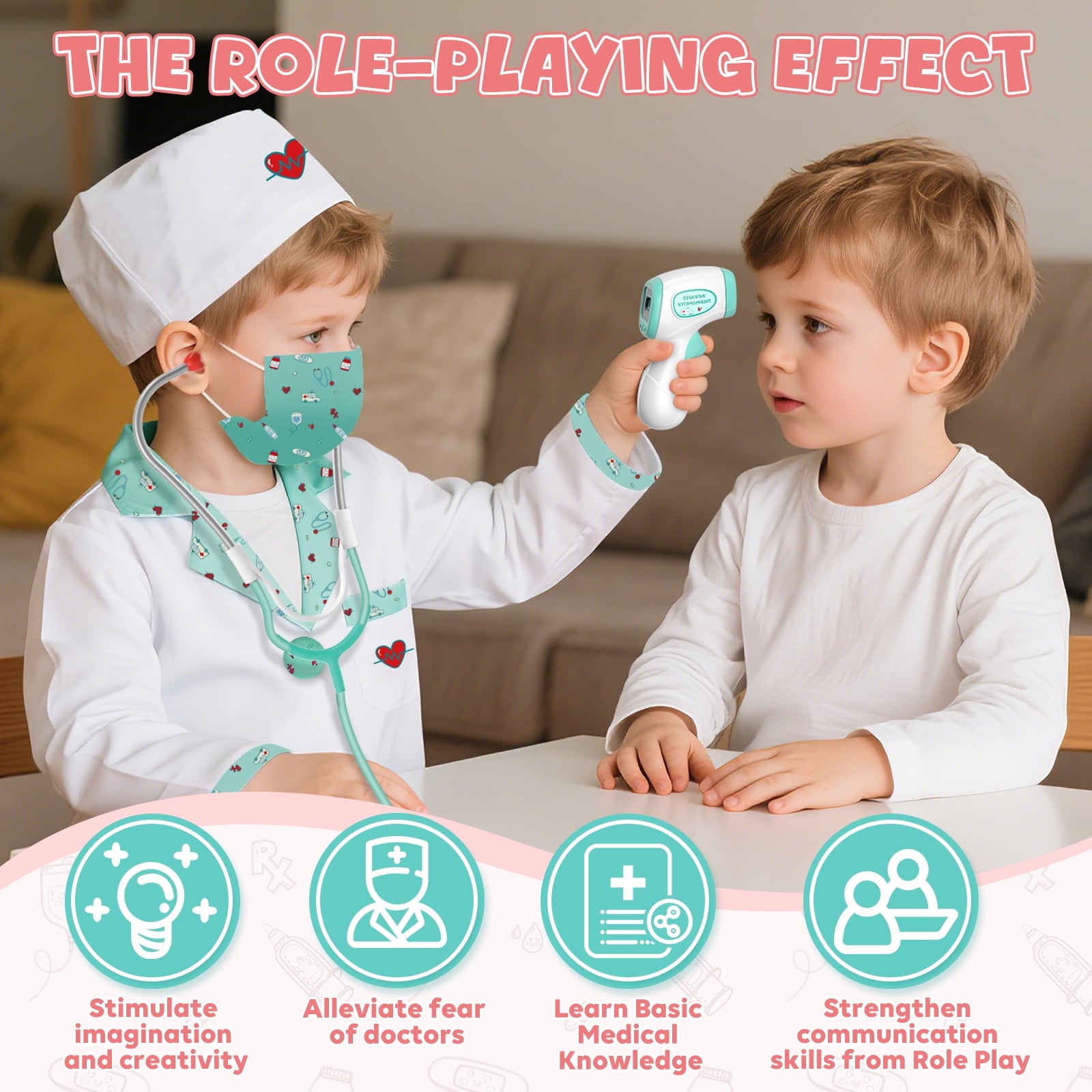 Doctor Costume for Kids Doctor Coat, Doctor Dress Up and Play Set 8 PCS with Real Stethoscope, Lab Coat Career Day Costume Kit for Toddlers Girls 3-12 - Pink