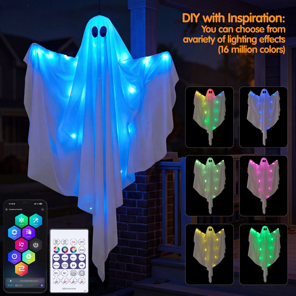 Joyfy 47inch Halloween Decorations Outdoor Hanging Ghost,Light up White Ghosts with Spooky Warm White LED Light,Halloween Outdoor Yard Porch Decorations,Haunted House Decorations