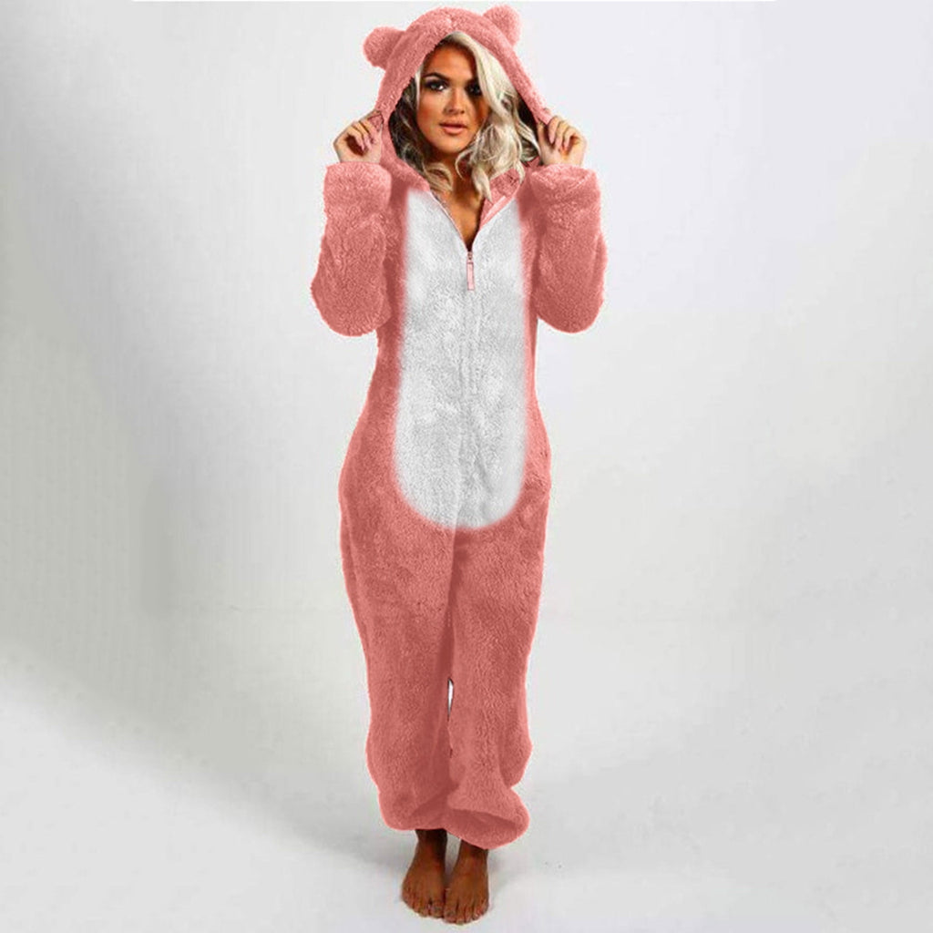 QATAINLAV Sherpa Fleece Jumpsuit for Women Winter Warm Fuzzy Onesie Pajamas Cute Cat Hooded Romper Casual Zip Up Overalls Sleepwear Black XL