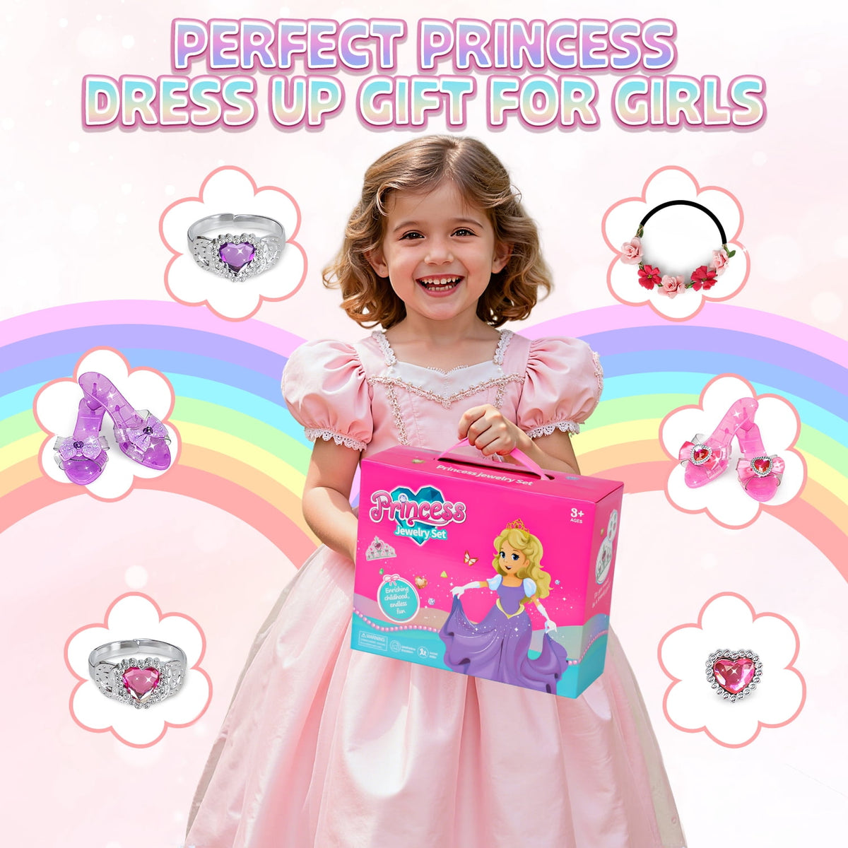 Princess Dress Up Toddler Girl Toys, Dress Up for Girls 3 4 5 6 Year Old, Princess Toys for Toddler, Upgraded with 3 Sets, Include Jewelry, Crown, Shoes, Princess Wand...Birthday Gift