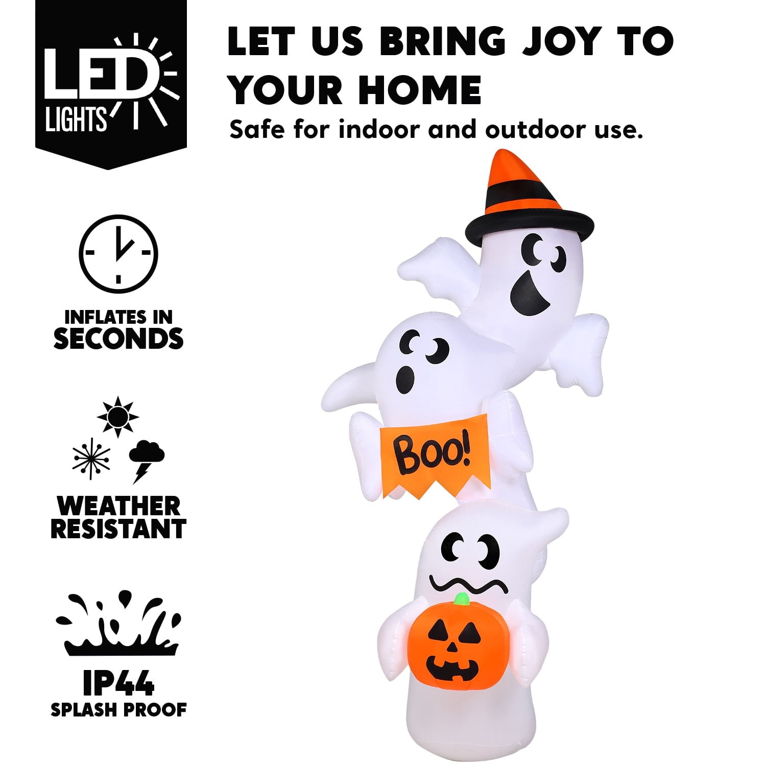 Joyfy 5ft Halloween Inflatables Light up Cute Ghost,Blow Up Ghost Lift Pumpkin Candy Bag with Build-in LEDs for Yard Decorations