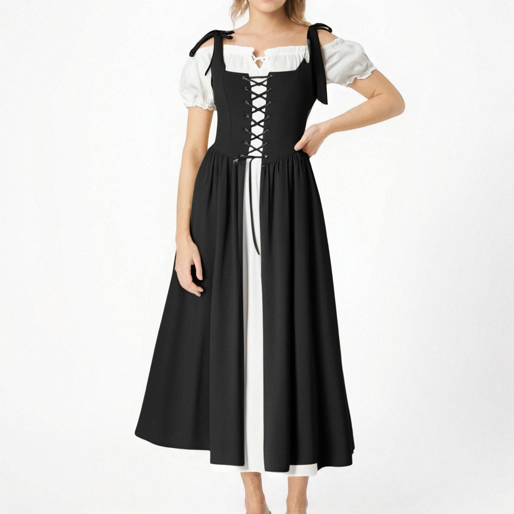 QATAINLAV Renaissance Costume Women Vintage Medieval Dress Cold Shoulder Short Sleeve Peasant Pirate Irish Maxi Dresses, Black, L