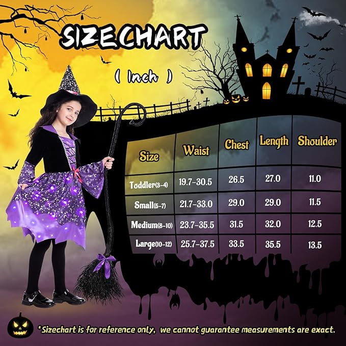 Sefiry Light-Up Witch Halloween Costume for Girls, LED Glowing Dress, Hat & Broom Set, 5-7T
