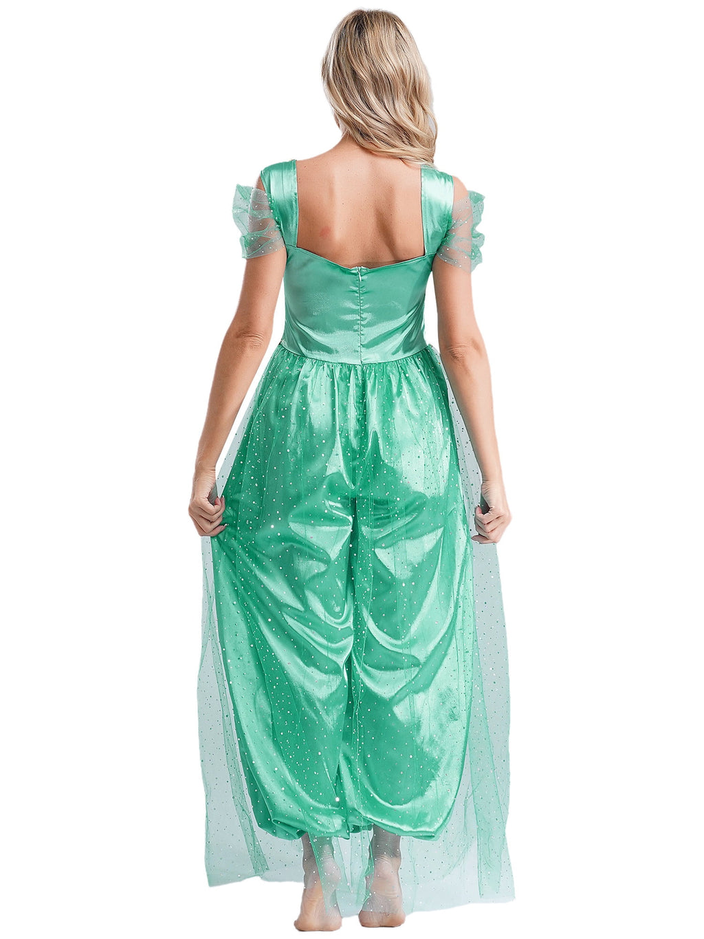 Aislor Women Halloween Arabian Princess Cosplay Costume Sequins Belly Dance Romper Jumpsuit Fancy Dress Lake Blue L
