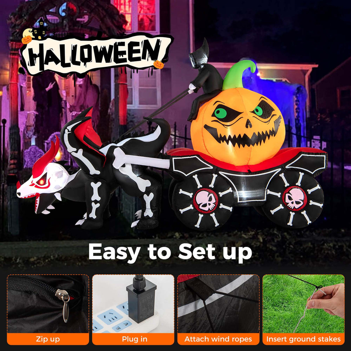 Costway 9 FT Long Halloween Inflatable Decoration Grim Reaper Driving Pumpkin Carriage