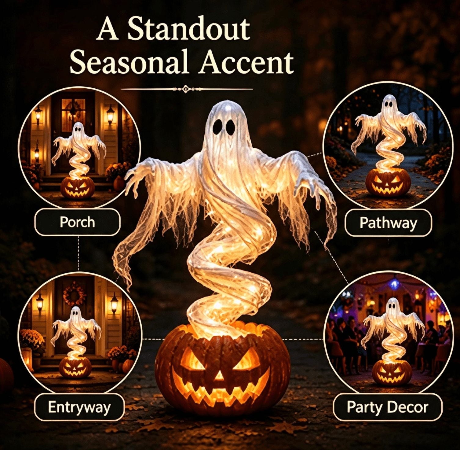 Swirling Ghost Pumpkin Yard Lamp, Halloween Yard Sculpture LED Glowing Floating Ghost Pumpkin Light, Halloween Outdoor Lawn Front Entrance Decor
