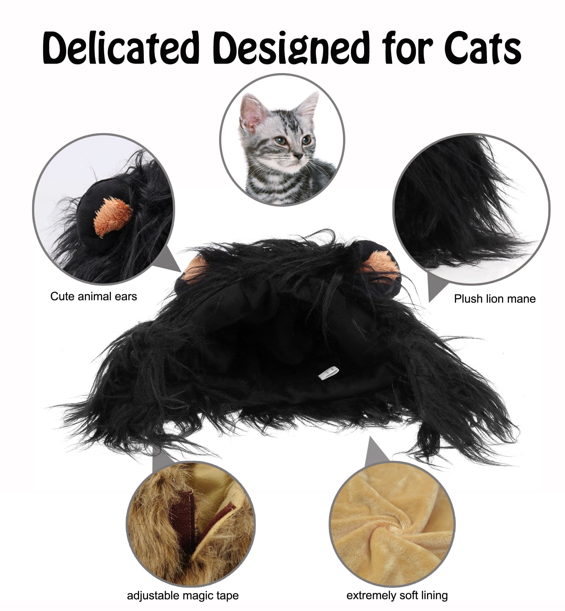 Lion Mane Wig for Cats, Funny Pet Cat Costumes for Halloween Christmas (Size S, Black)