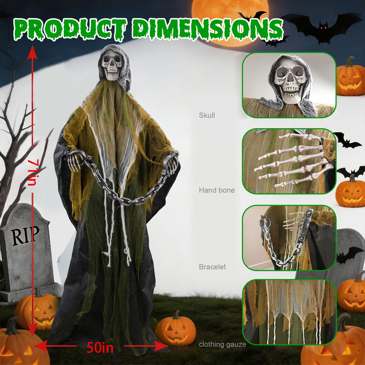 Magotan 6ft Halloween Outdoor Skeleton Ghost Decorations, Sound Controlled Swinging Scary Skeleton Ghost Halloween Decoration for Outdoor Garden Porch Yard Decor,Red