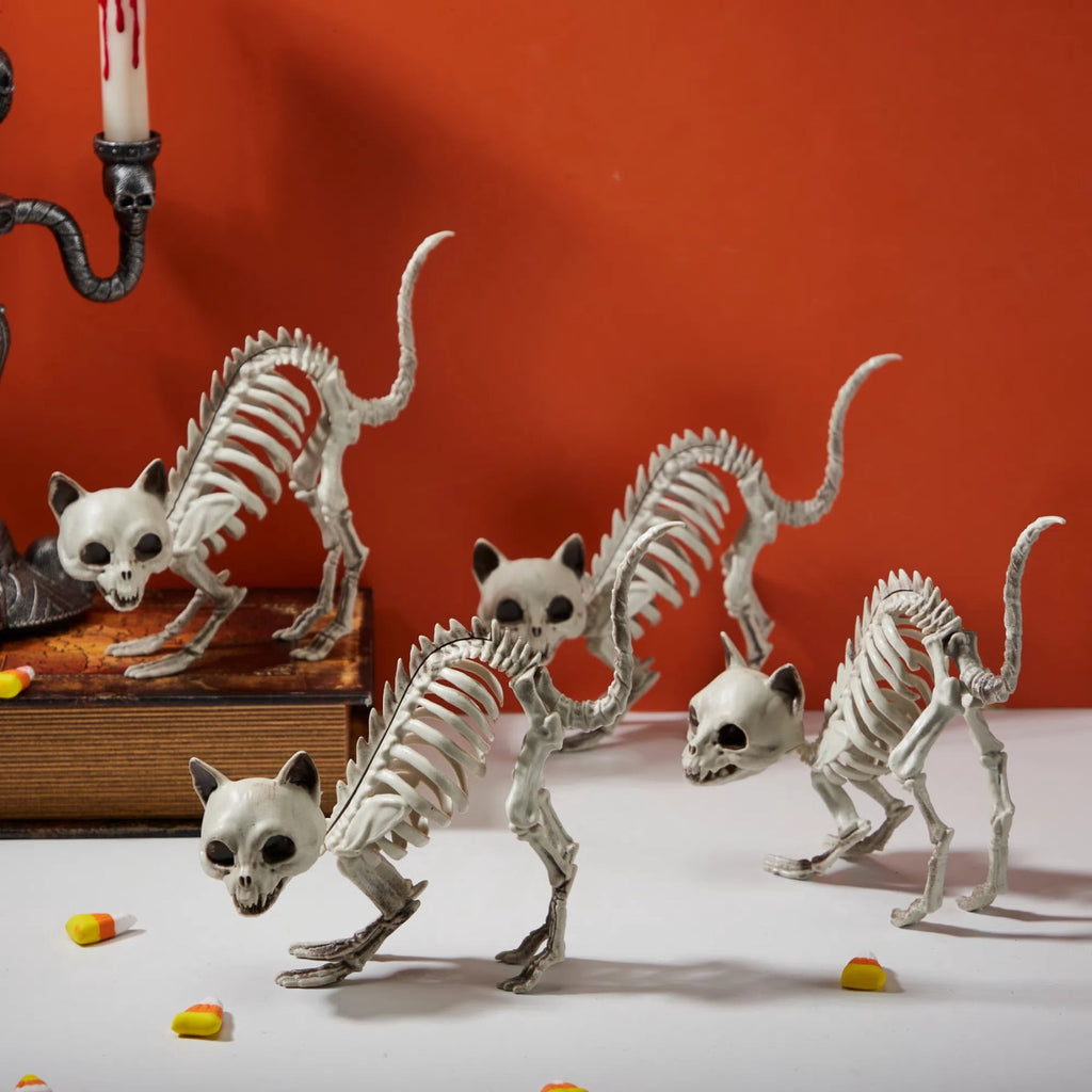 Joyfy 2 Pcs Cat Skeleton Halloween Decoration,7 Inch Posable Plastic Animals Halloween Skeleton for Indoor Outdoor Halloween Decorations,Haunted House Party Props