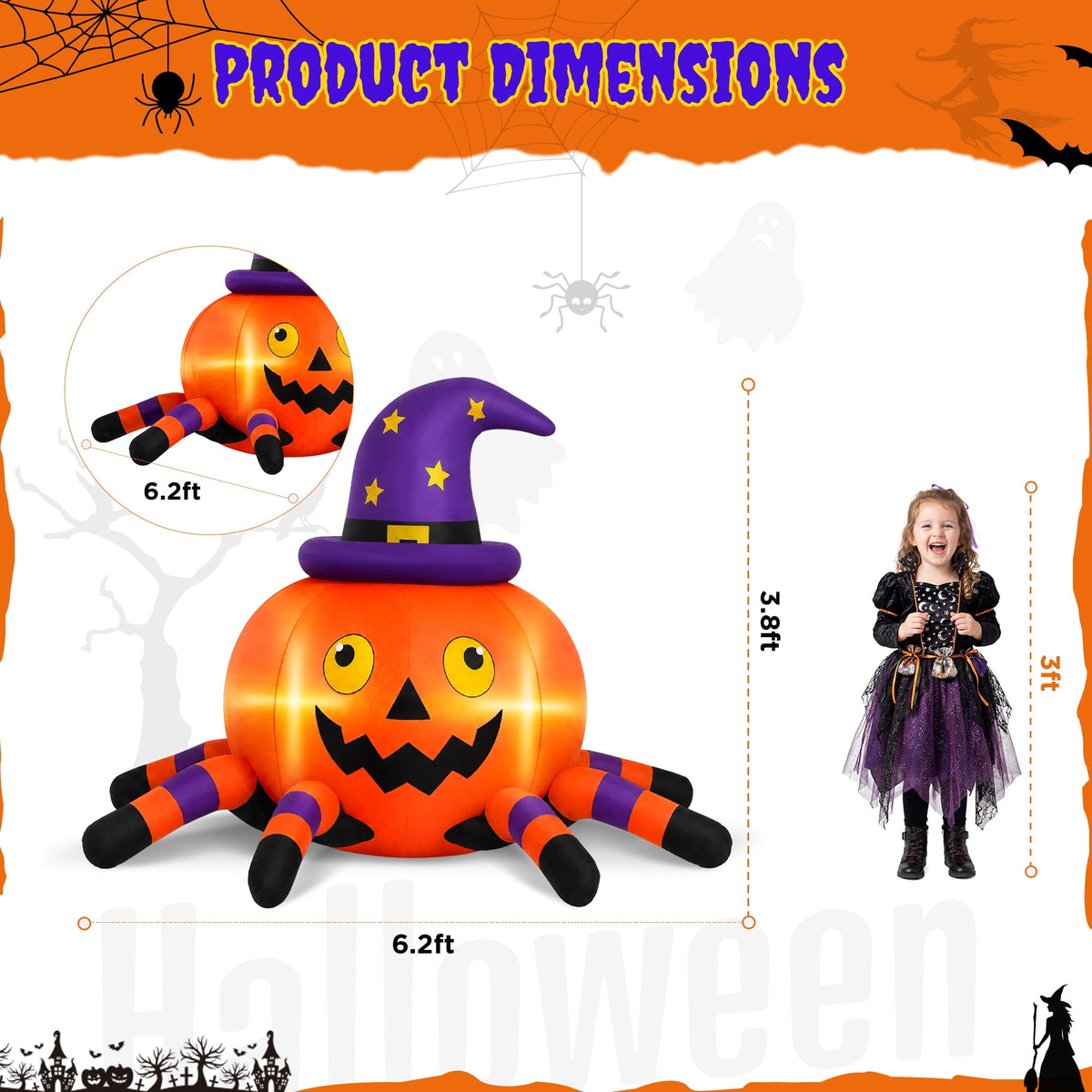 Firstness 6.2FT Halloween Inflatable Decorations Pumpkin Spider with LED Lights, Halloween Blow Ups for Yard Party