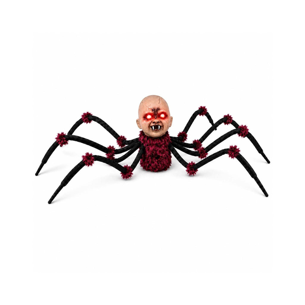 Halloween Animated Walking Spider Prop, Touch Activated Scary Baby Head Decoration with Flashing Red Eyes, Eerie Sounds and Poseable Legs for , Yard, and Party Display