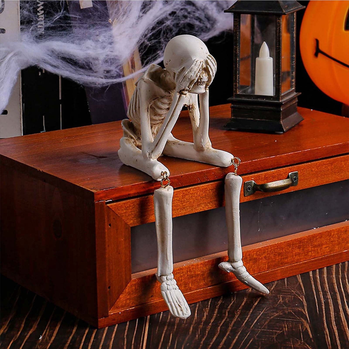 Halloween Decor Skeleton Statue Figurines Skull Decor See No Evil Hear No Evil Speak No Resin Skeleton Shelf Sitters Sitting Figurines for Home Kitchen Party Decor Table Ledge Edge Decorative (C)