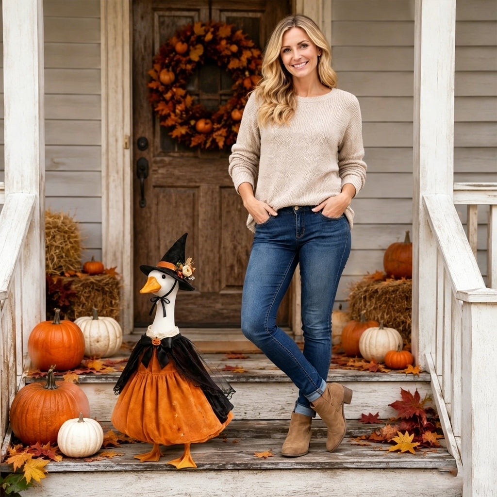 Bat Witch Hat Spiderweb Halloween Goose Clothes Fit 17/23In Cement Plastic Lawn Goose, Stylish Full Set for Outdoor Yard Patio Garden Seasonal Halloween Home Ornamental Arrangement