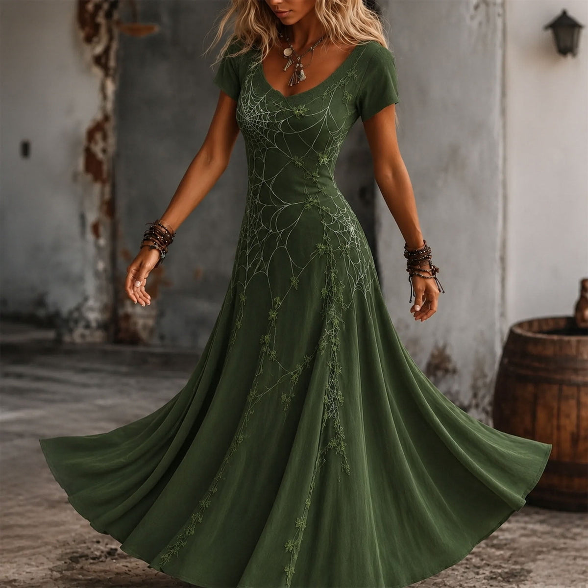 KICILVS Gothic Clothes For Women Black Spiderweb And Spider Print Flowing V Neck Long Maxi Dress Halloween Cosplay Gothic Party Dress