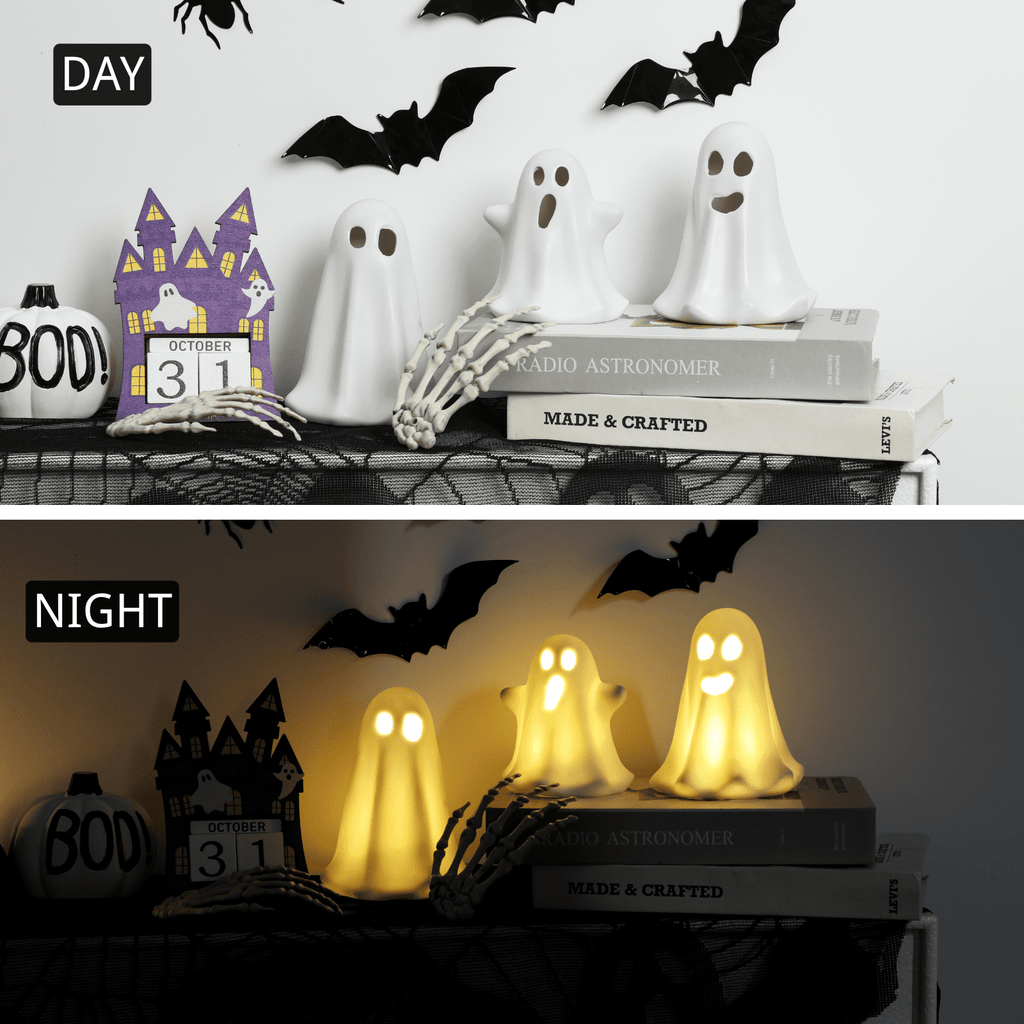 3 Pack Halloween Ceramic Ghost Decor, Cute Halloween Ghost with LED Lights, Small Ghost Spooky Figurines for Halloween Tabletop Centerpieces Fireplace Indoor Decoration